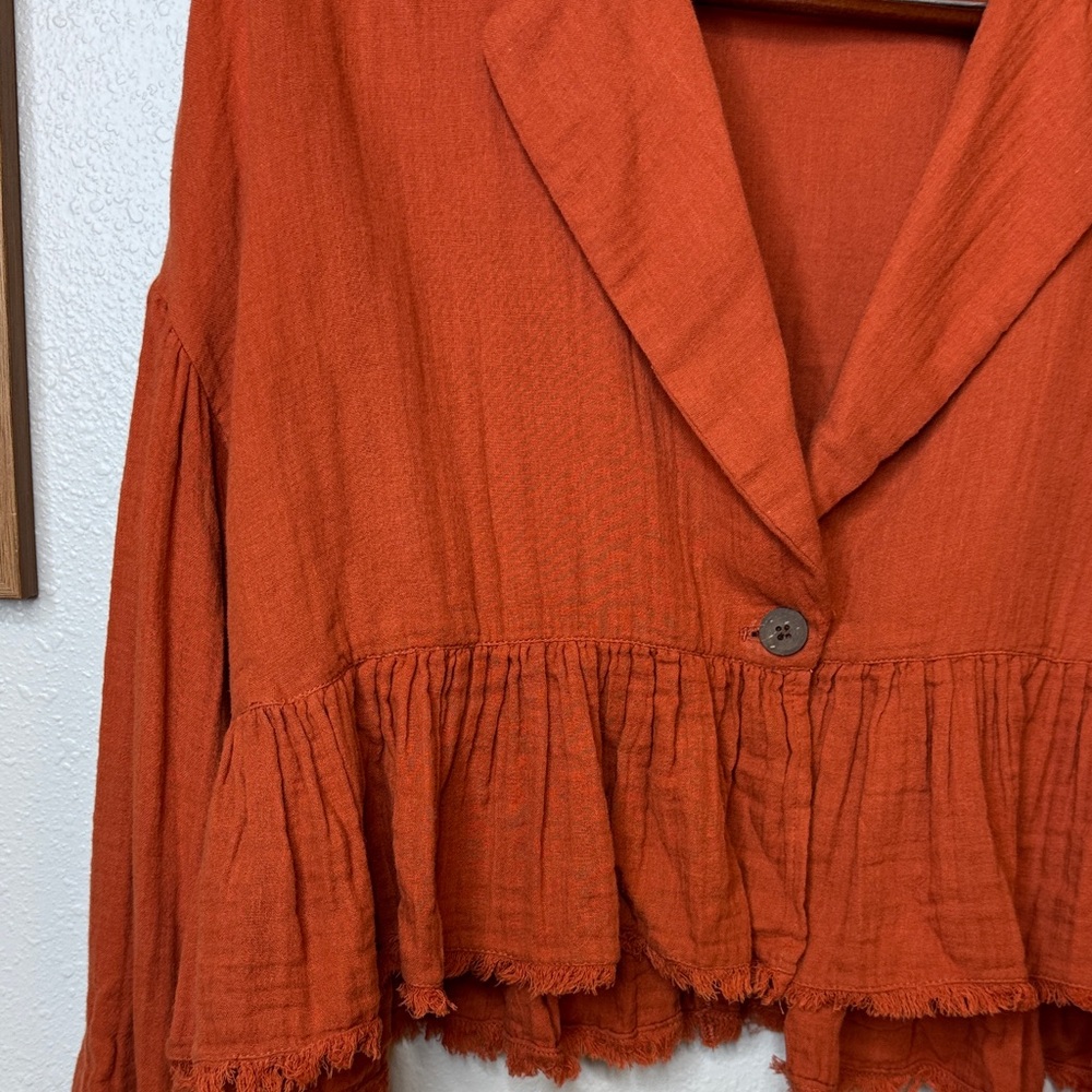 Free People Lyra Cotton Terracotta Ruffled Blouse Jacket -‎ Small - Picture 3 of 14